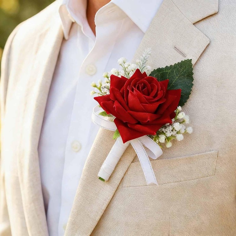 Rose Wedding Boutonniere White Groom Flower Buttonholes Men Groomsman Red