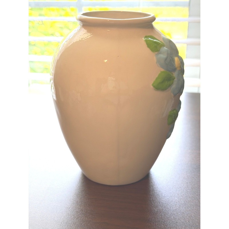 Vintage Hand Painted Blue Floral Relief Ceramic Vase Cream 7.5" Cottagecore gallery