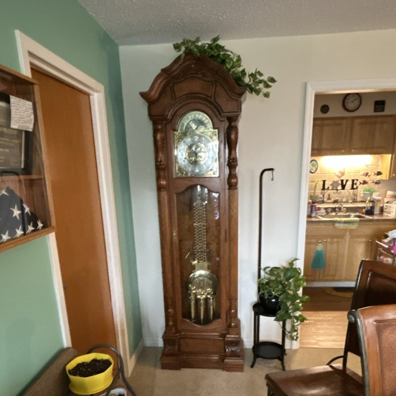 Traditional Oak Finish Grandfather Clock, Wood, Pendulum, Crowned Top, Brown