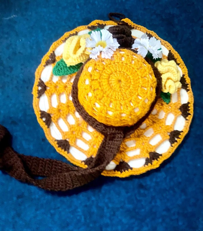 Vintage Handcrafted Unique Crochet Yellow Cottagecore Hanging Floral Brimmed Hat