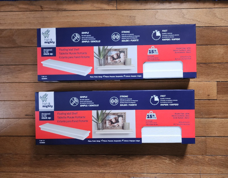 2 NIB High & Mighty White Floating Shelf Beveled Edge 18" holds 15lbs Free Ship