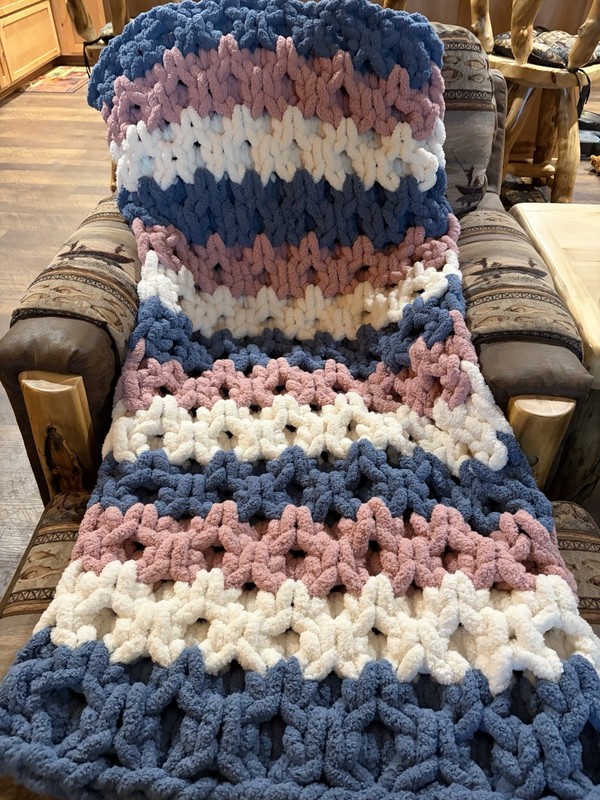 Chunky Knit Crochet Striped Chair Throw Blanket, Blue Pink White Rectangle