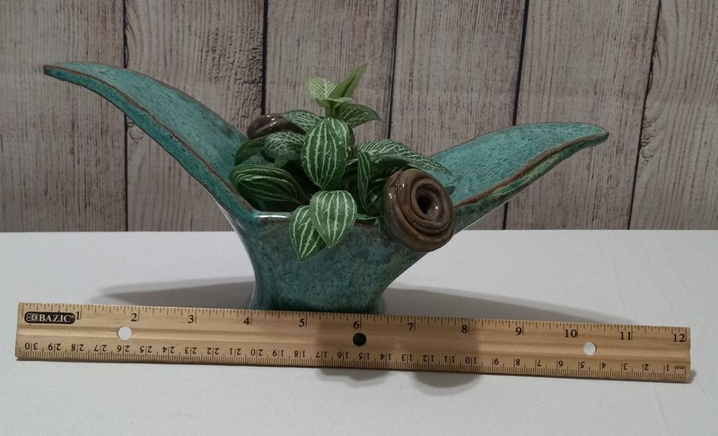 Handmade, Aqua Green Sculpture Art Piece Planter, Conversation Piece. Red Clay gallery