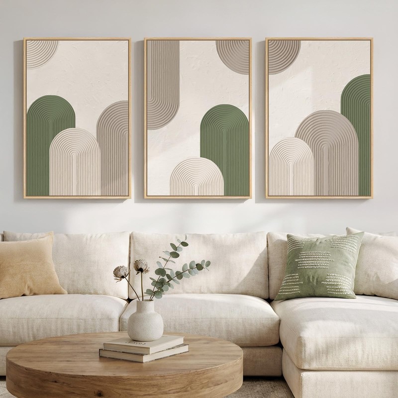 Framed Green Beige Abstract Wall Art for Living Room, 3 Piece Large Neutral M…