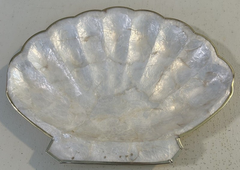 VTG Capiz Shell Brass Trim Trinket Dish Vanity Tray Coastal Boho Chic Nautical