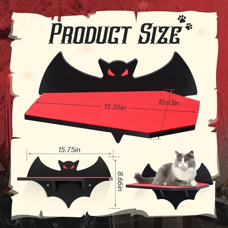Gothic Cat Wall Shelf Unique Bats Coffin Design Pet Furniture Mountable Decor US gallery
