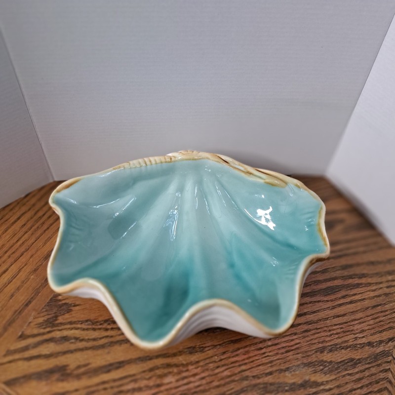 Large Teal Seashell Bowl 10” W x 3 1/4” H Ceramic
