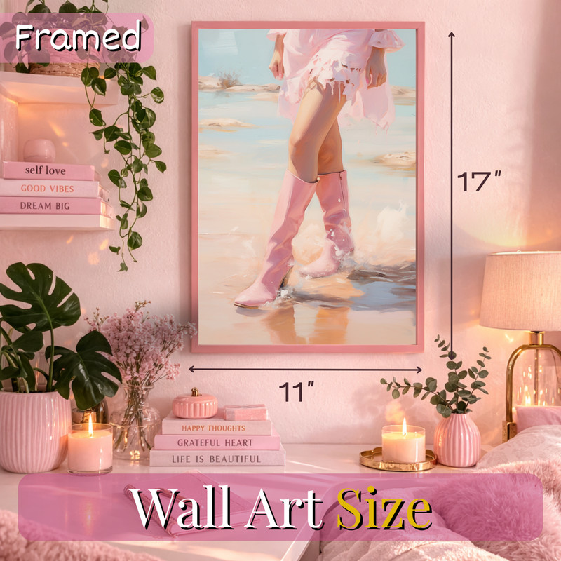 Pink Boots Beach Oil Painting Poster Framed 11x17 Pastel Coastal Wall Art Print gallery
