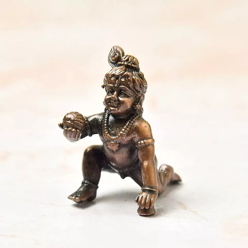 Handmade Copper Bal Gopal Krishna Idol Statue Rich Patina Antique Finish 1.5”