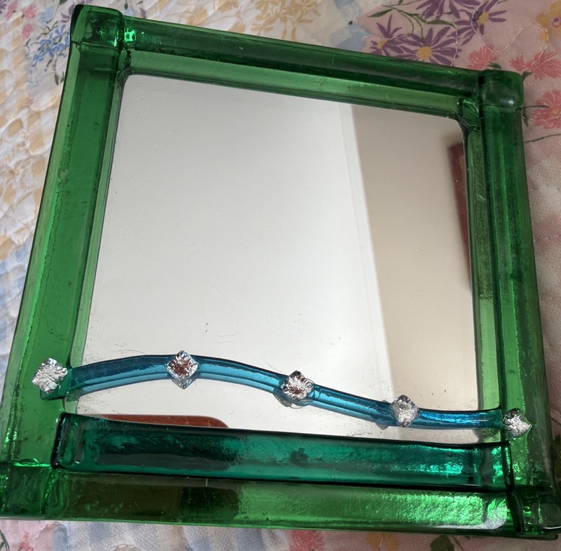 Italy Milifiore Fused Glass Mirror Rhinestones 4.5”x4.5”