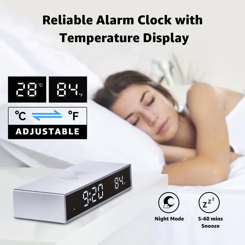 Digital LED Alarm Clock with 15W Fast Wireless Charging, Thermometer
