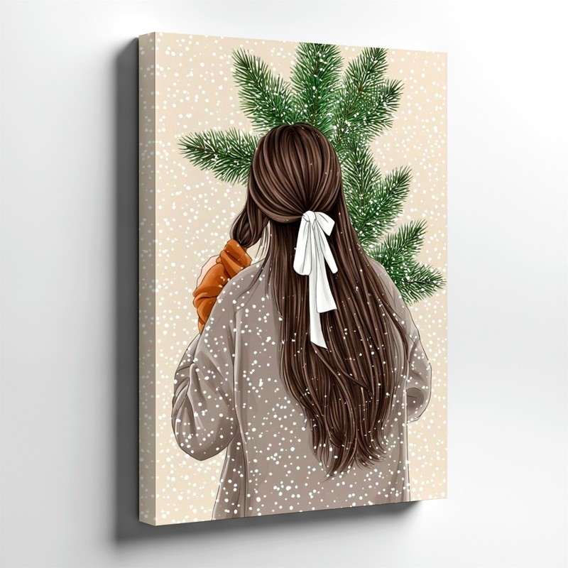 Wall Art Winter Woman Back View Pine Branch Snowfall Neutral Canvas Print Decor
