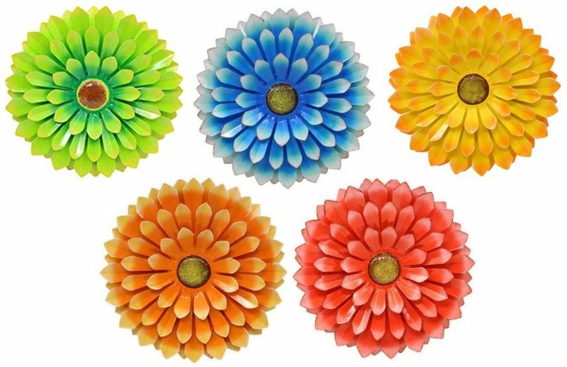 5-pack Large 14.2″ Metal Flowers Wall Art Decor- GREEN,BLUE,YELLOW,ORANGE & RED