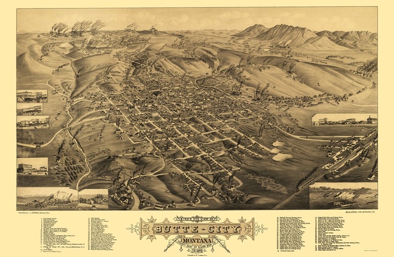 Historic Panoramic View – Butte Montana – Stoner 1884 – Vintage Wall Art