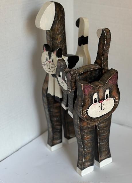 Set of 3, Cat with 2 Kittens Wood Hand Painted 13 in tall inc. tail kittens 7 in