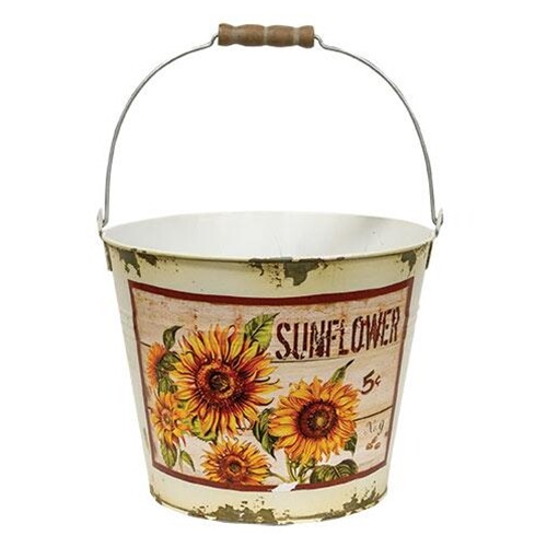 New Shabby Farmhouse Rustic Distressed AGED WHITE SUNFLOWER BUCKET Pail Pot 10″