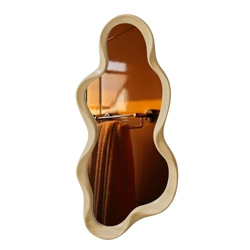 Irregular Wall Mirror, Wooden Framed Wall Asymmetrical Wavy 30"L x 14"W Natural gallery
