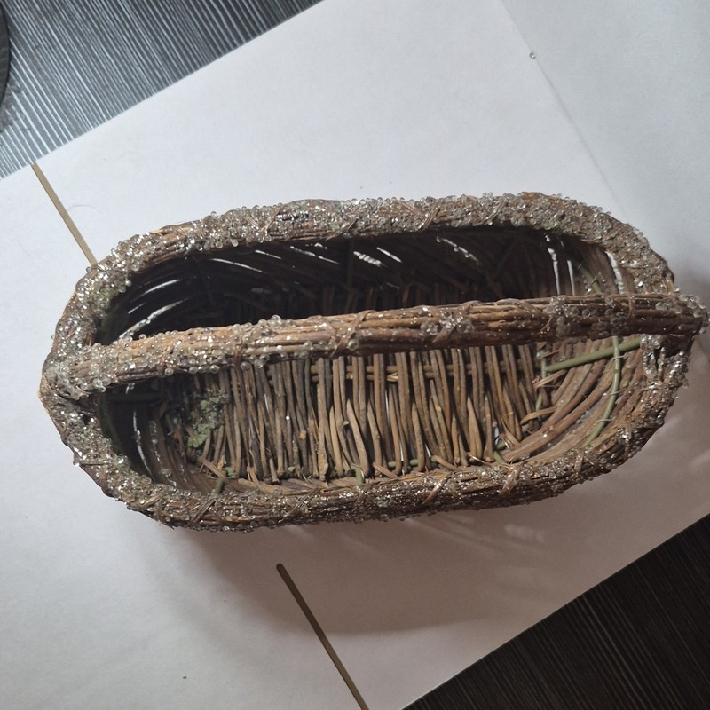 Brown Twig Woven Oval Decorative Basket w/ Handle, Rustic Vintage Shiny gallery