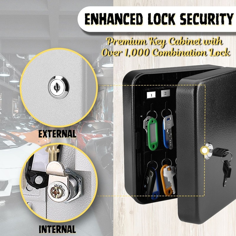 Key Cabinet Steel Lock Box with 40 capacity Colored key Tags & Hooks - (Black) gallery