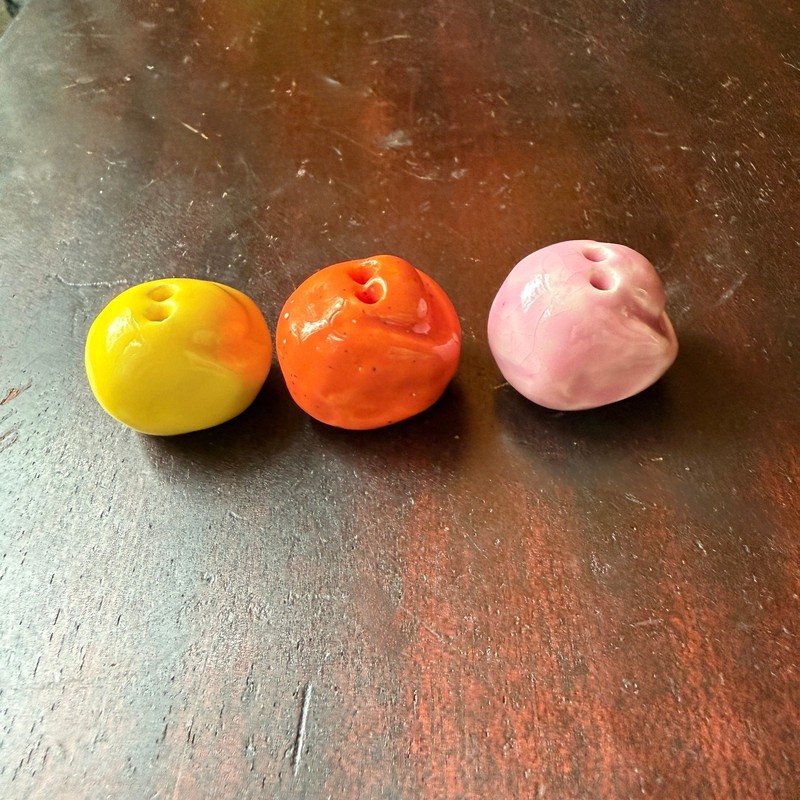 Three SEEDS OF HAPPINESS Clay Minis by Mark Borella Orange Yellow Pink .75" x 1" gallery