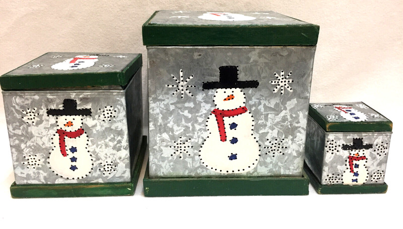 Snowman Nesting Boxes Square Empty Metal Painted Wood Trim With Lids Set of 3