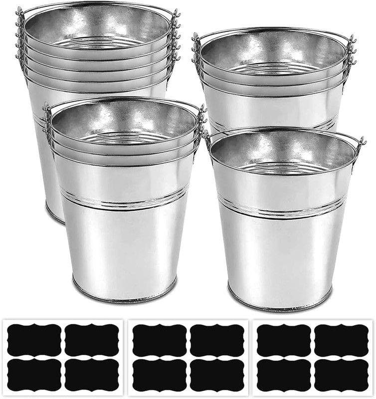Set of 12 Pcs Galvanized Metal Buckets with Chalkboard Stickers,5 Inch Tin Bucke