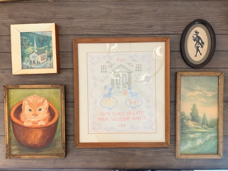 Vtg Wall Art Lot Gallery Wall Starter Curated 5 Pieces Painting Cat Eclectic