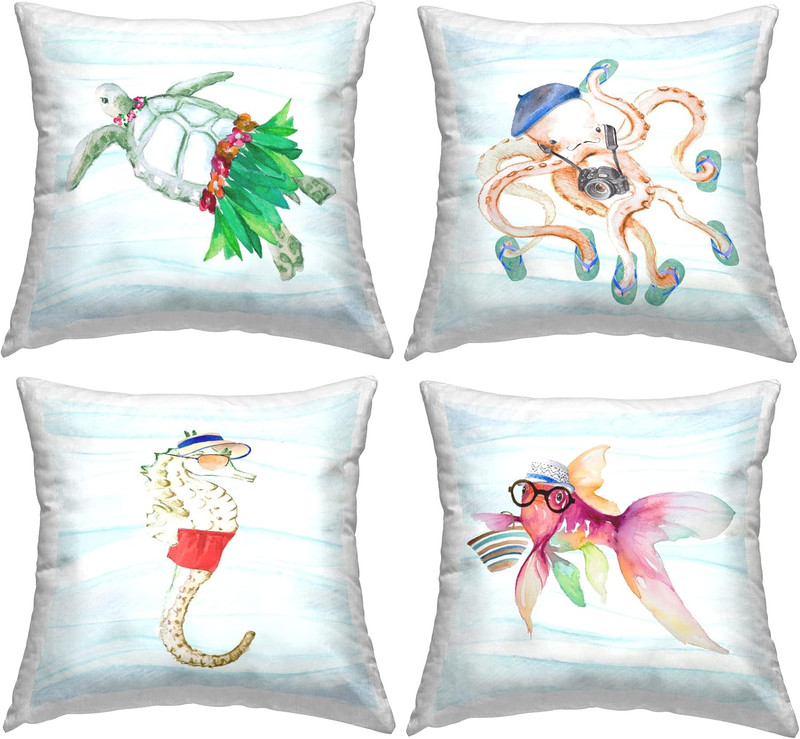 Fun Sea Life Dressed Animals Throw Pillow Set by Lanie Loreth – 4 Pieces