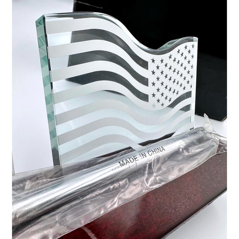 American Flag Etched Glass Desk Pen Set Wood Base Patriotic Executive Gift NEW gallery