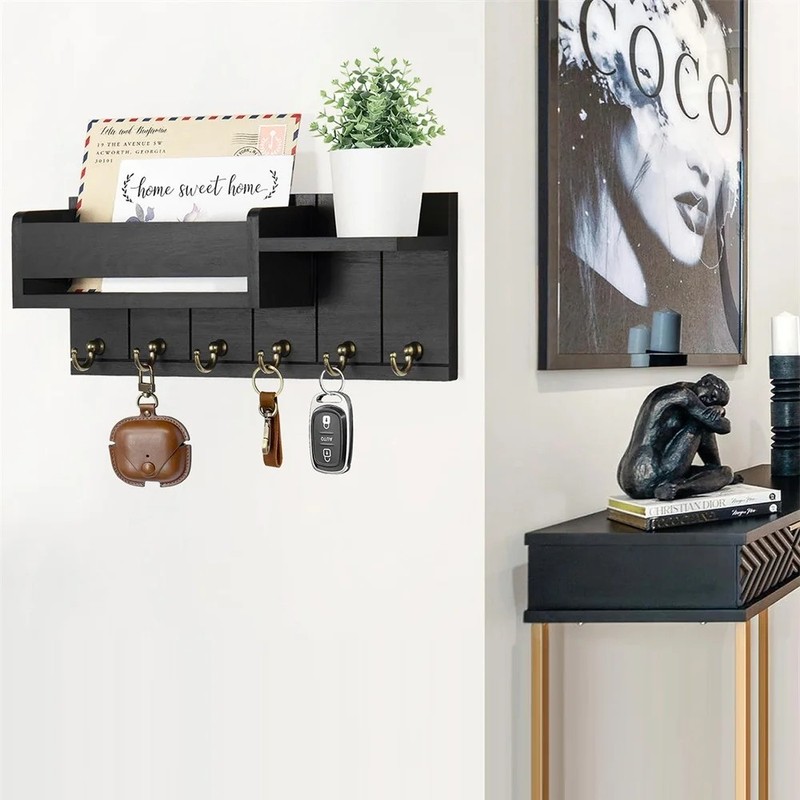 Wall-Mounted Key Holder & Mail Organizer with Hooks – Entryway Storage & Decor