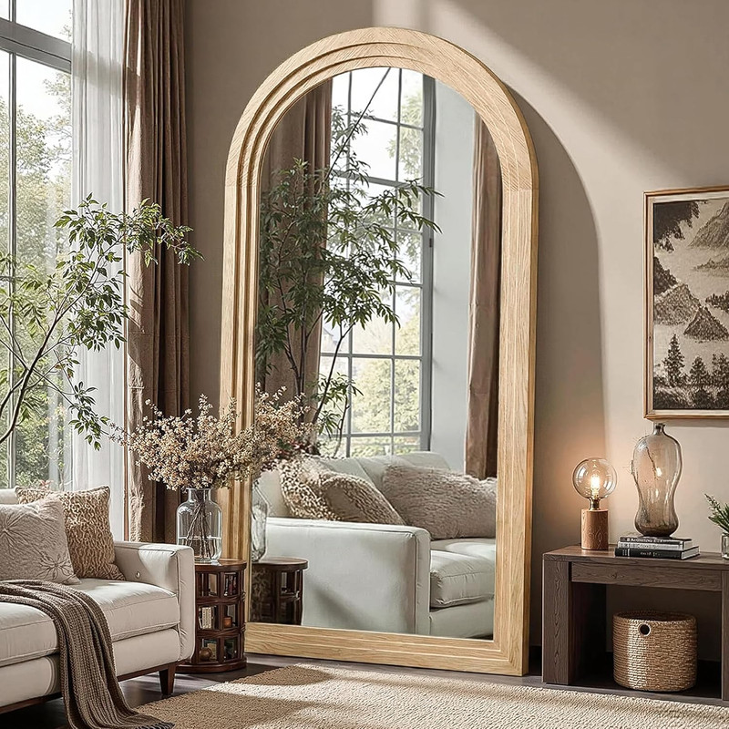 Rustic Arched Full Length Floor Mirror with Stand - 75x35 Natural Wood Frame gallery