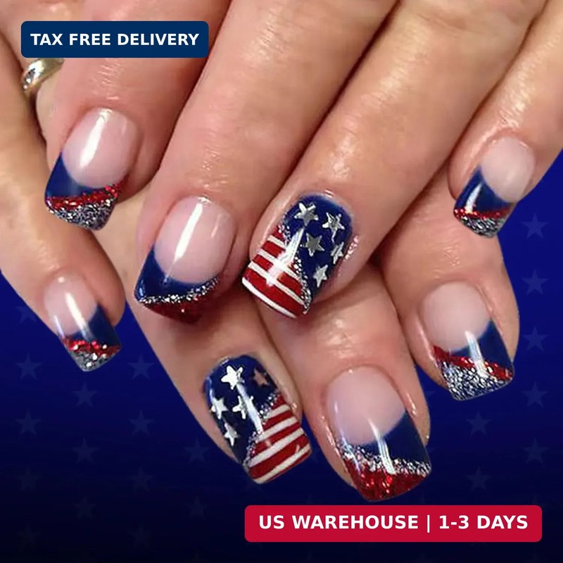 24Pcs 4th of July Press on Nails Medium Square Fake Nail French Tip False Nails