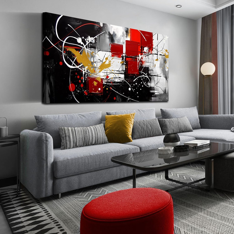 Modern Abstract Canvas Wall Art Large 30×60 Framed Black Grey Red Print Picture
