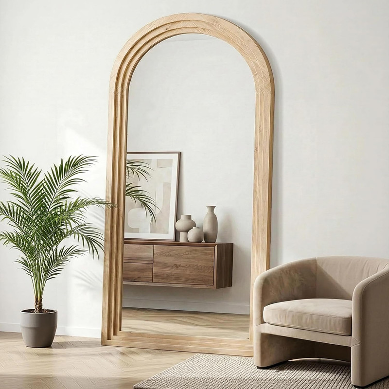 Rustic Arched Full Length Floor Mirror with Stand - 75x35 Natural Wood Frame gallery