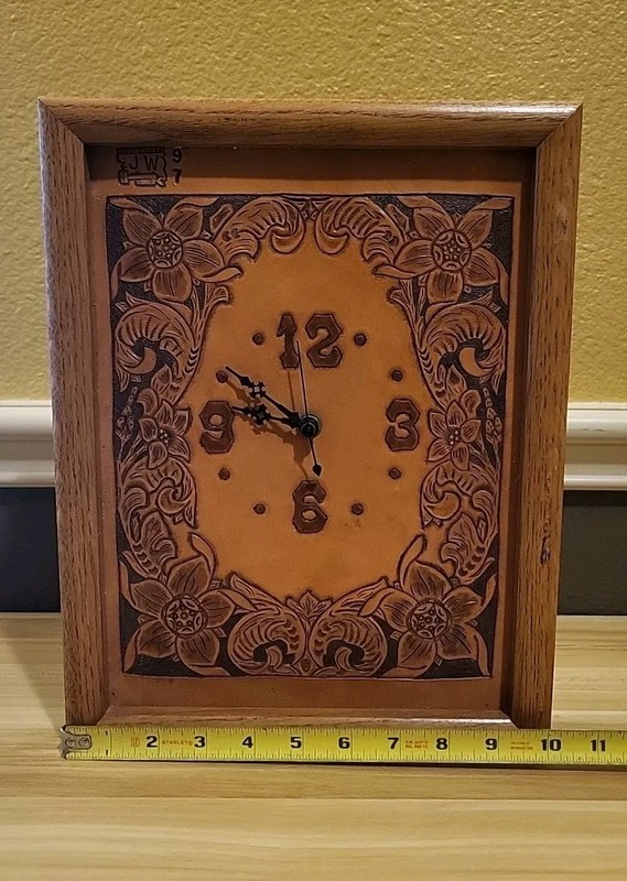 Vintage Hand Tooled Leather Wall Clock Manufactured By JW, Tested & Works Good gallery