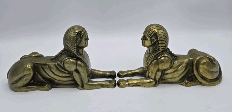Vintage Brass Egyptian Revival Female Sphinx Bookends Pair Nemes Headdress Heavy gallery