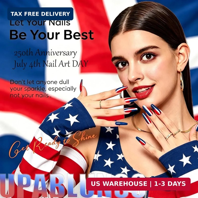 24Pcs 4th of July Press on Nails Medium Square Fake Nail French Tip False Nails gallery