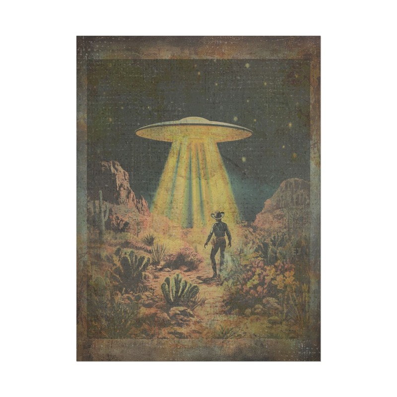 Vintage WESTERN UFO COWBOY Wall Art, Sci-fi CACTUS FLOWER, Celestial UAP Decor