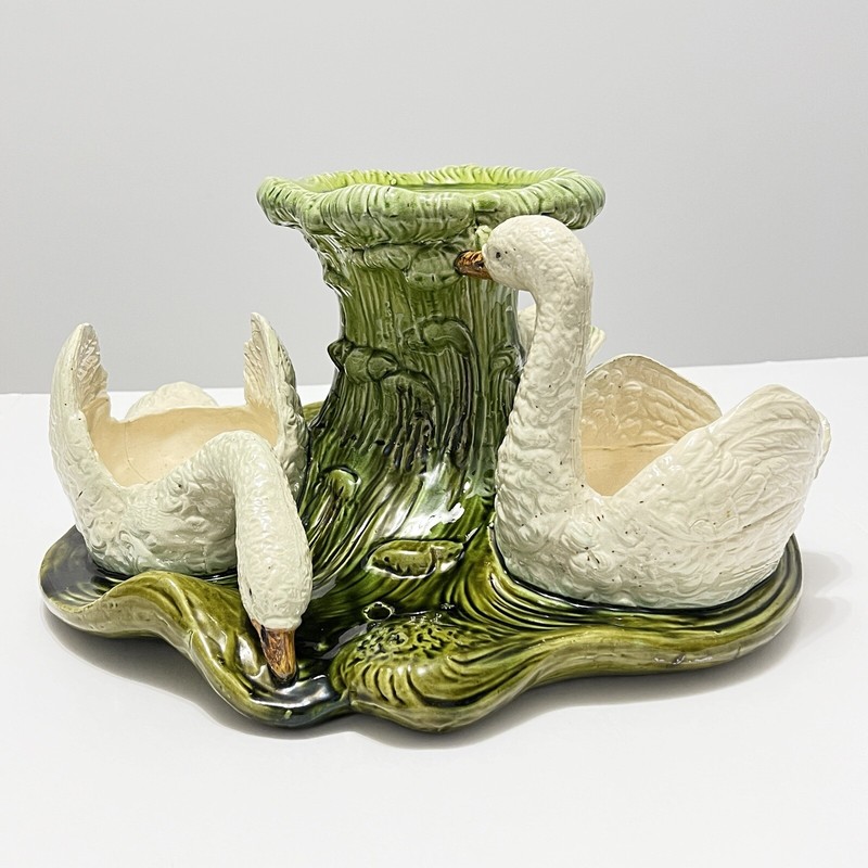 Bretby Pottery Jardinière Stand c.1890 Green Majolica England Swans Rare