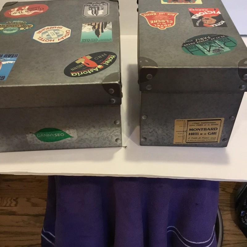 2 Metal Travel Stickers Decorated Storage Boxes 11 X 8 x 5 And 10 x 5 X 6 Inches gallery