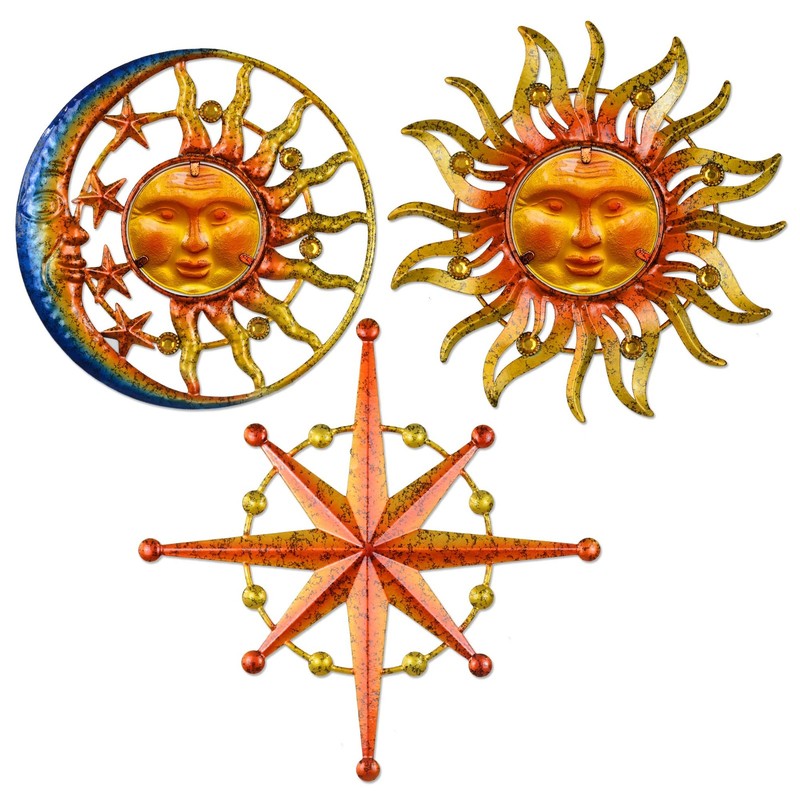 Metal Sun Moon Star Wall Art Glass Sun Face Hanging Decor for Garden Patio Home