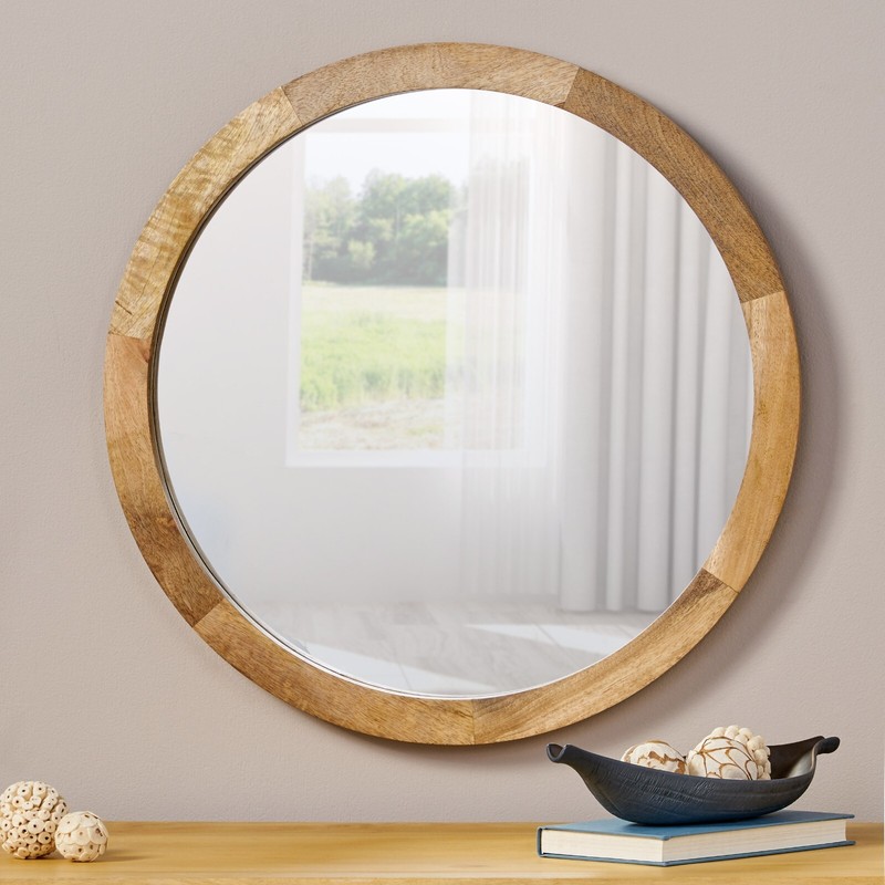 Modern Round Mirror with Mango Wood Frame