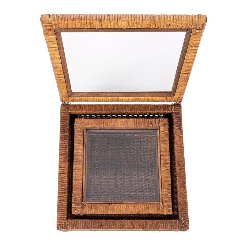 NEW -Modern Decorative Square Woven Rattan and Wood Display Boxes with Glass Top gallery