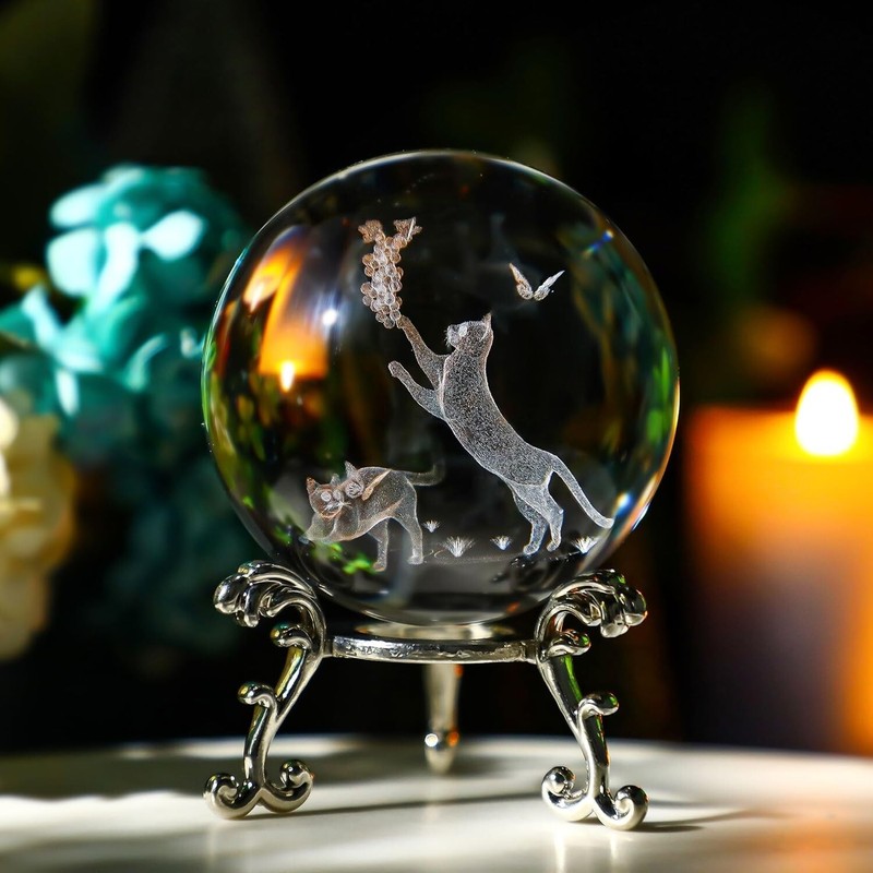 Cat Crystal Ball with Stand 60mm 3D Engraved Decorative Glass Sphere Paperweight