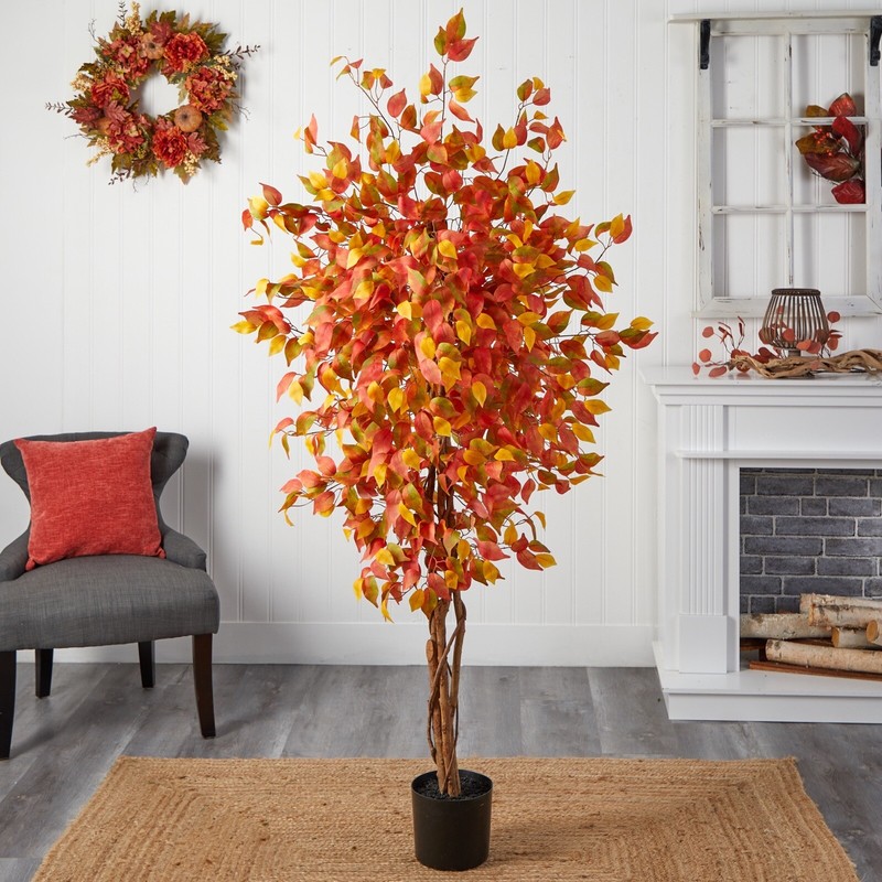6’ Autumn Ficus Fall Artificial Tree w/natural Trunk Home Garden Decor.