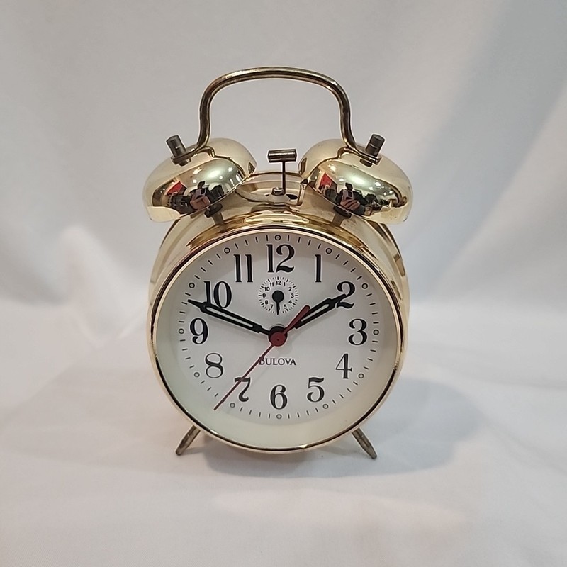 Bulova Twin Bell Alarm Clock B8124 Gold Tone Keywind Desk Timepiece Vtg Style