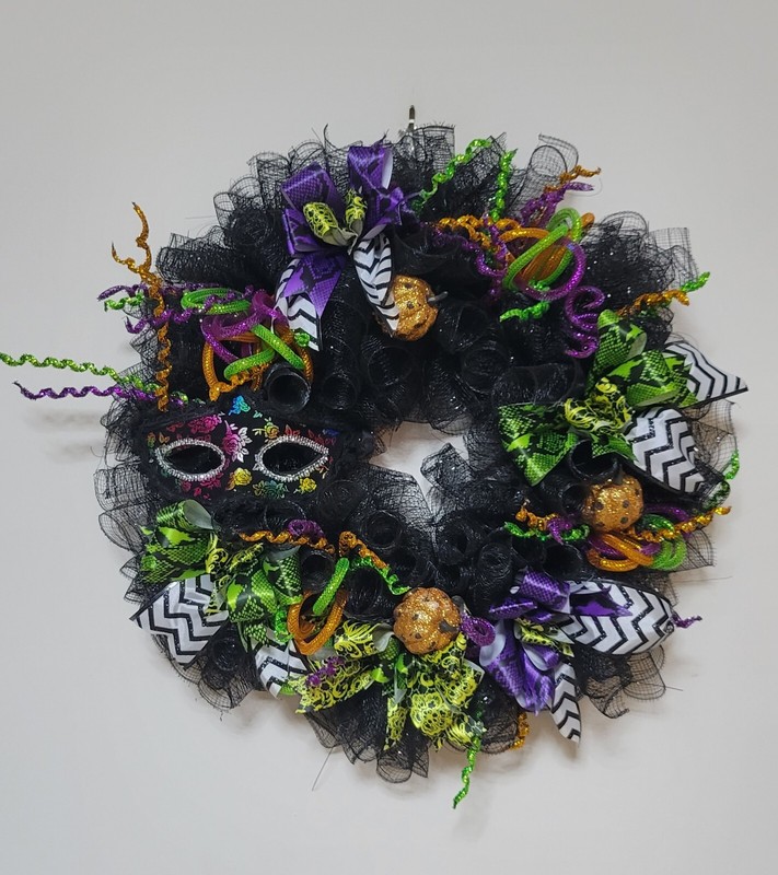 Fun Colorful MASK Pumpkin WREATH Deco Mesh Front Door Wall Halloween Day Of Dead