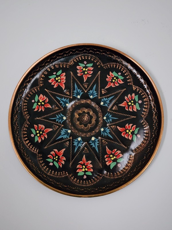 Vintage Turkish Copper Wall Plate Hand Painted Floral Black Enamel 8.5" gallery