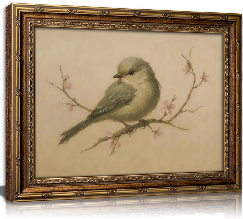 Vintage Gold Framed Wall Art Spring Bird Oil Painting Canvas Print Cherry Blo…