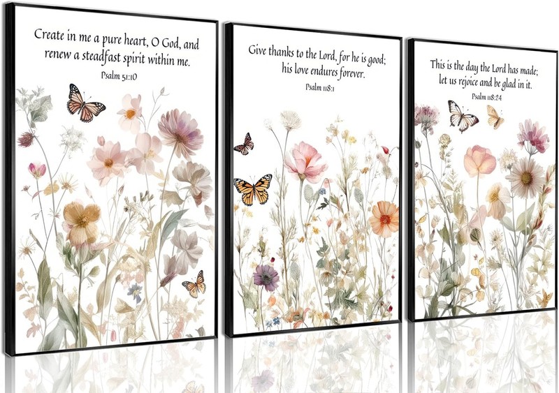 3Pcs Wildflower Bible Verse Wall Art Butterflies And Flowers Posters Prints B…